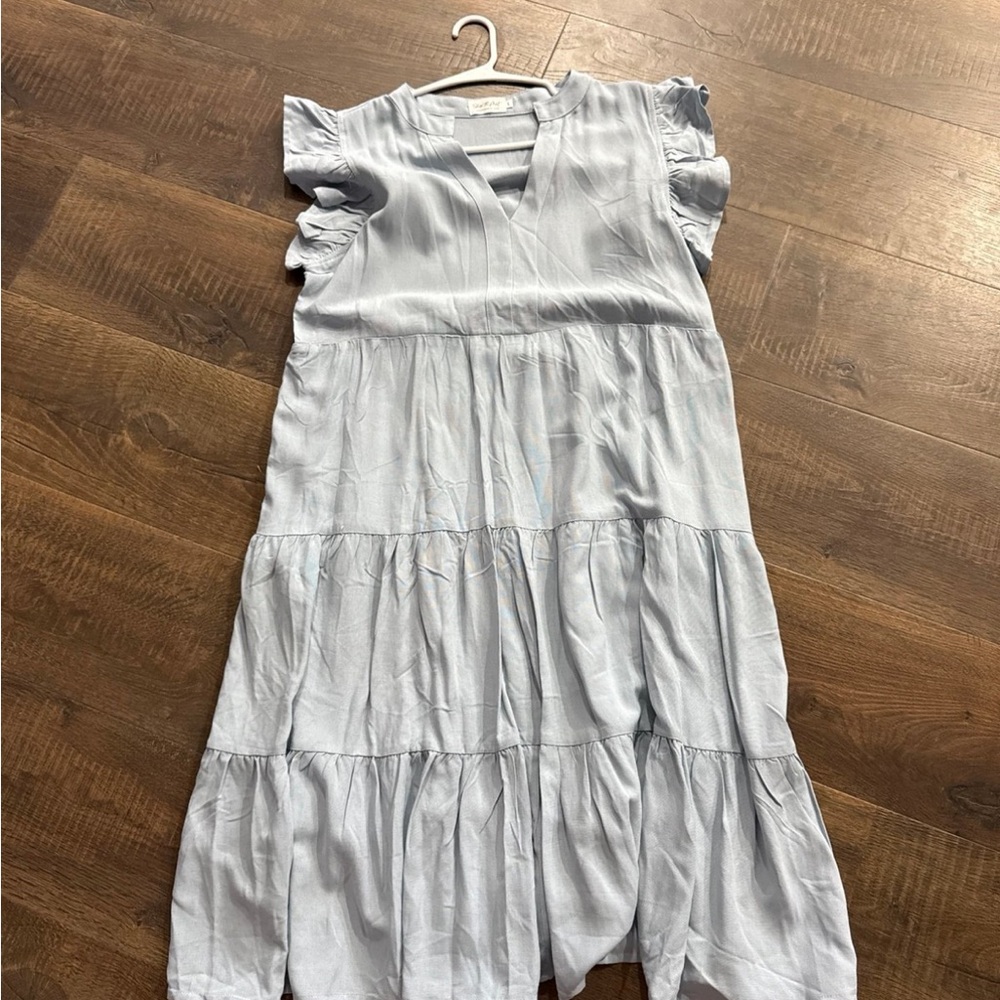 Light Blue Tiered Midi Dress with Ruffle Sleeves